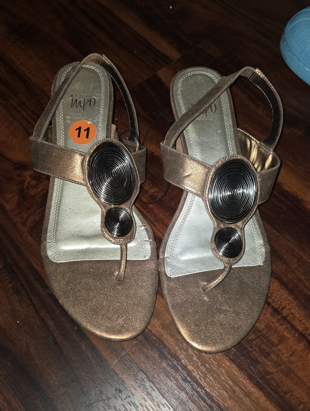 Impo Bronze Metallic Slingback Sandals with Black Beaded Accent